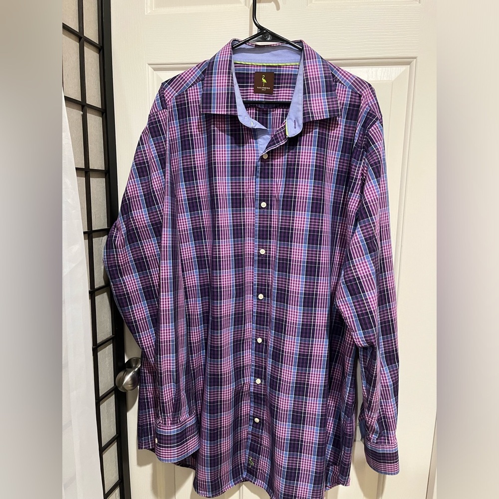 Tailorbyrd Purple and Blue Plaid Shirt with Lime Flamingo Logo MENS SIZE 3XLT